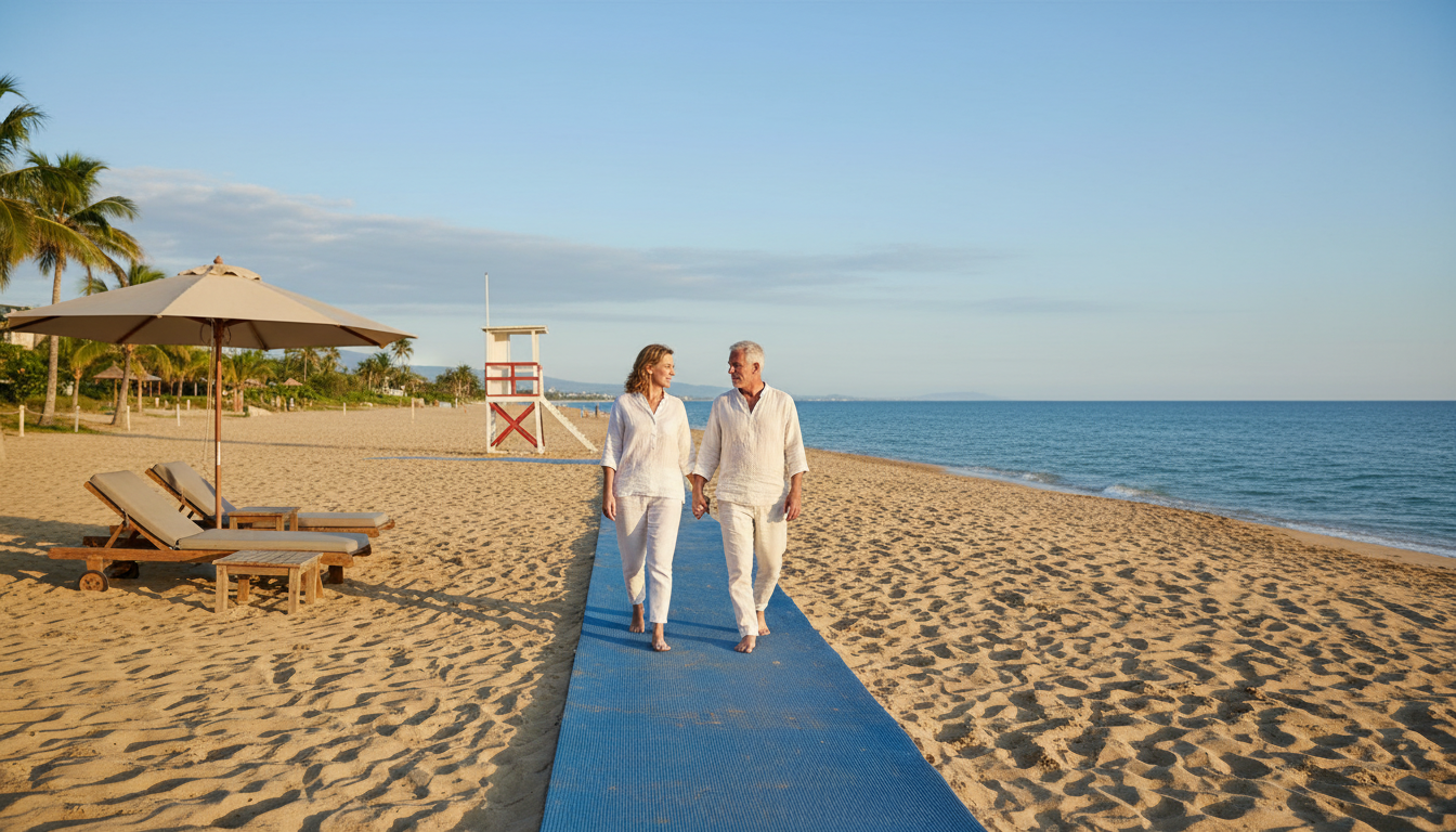 Visitors walking along a level beach access mat toward a scenic ocean beach.