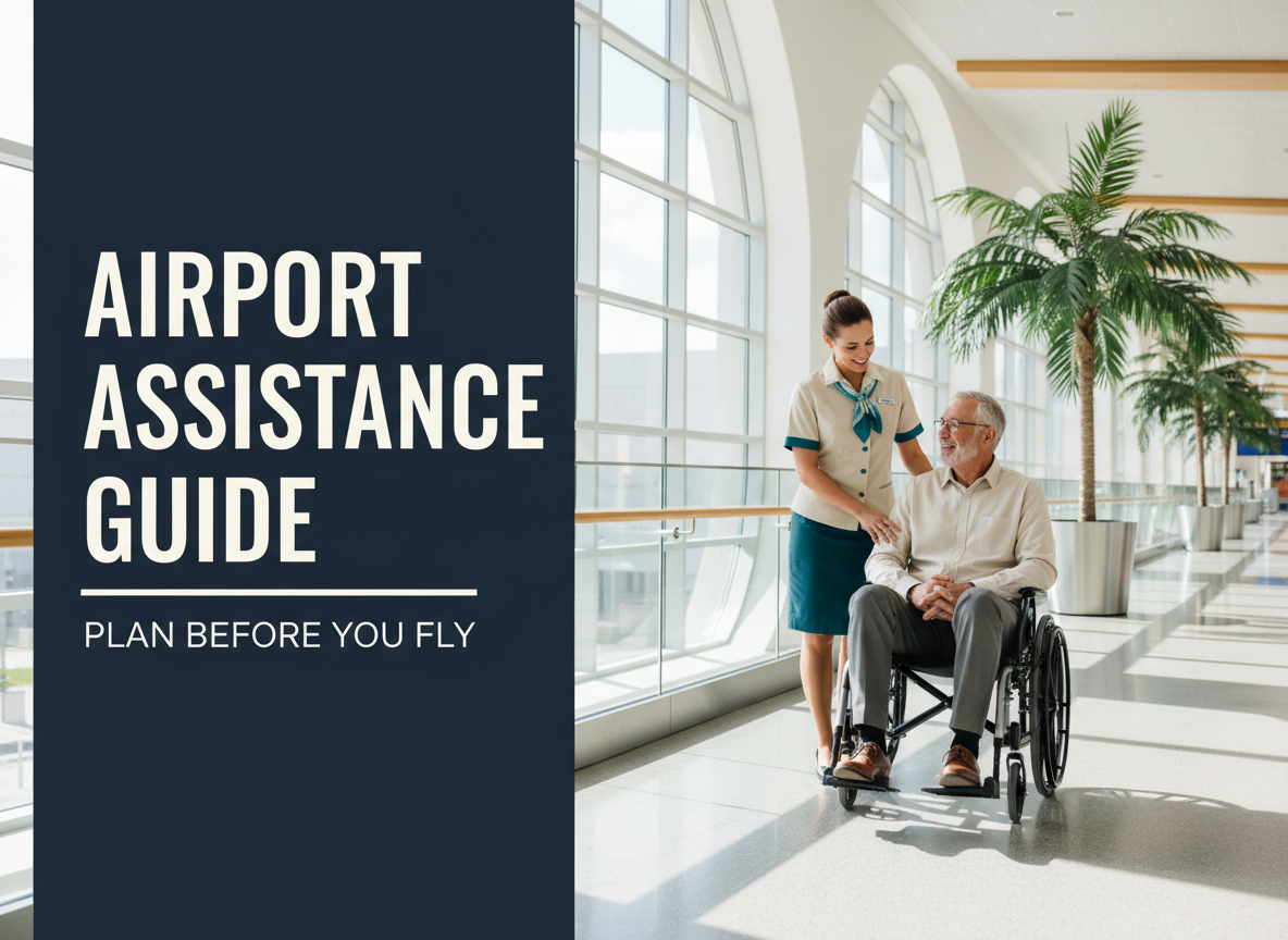 Airport help guide thumbnail with title AIRPORT ASSISTANCE GUIDE and traveler mobility-support scene.