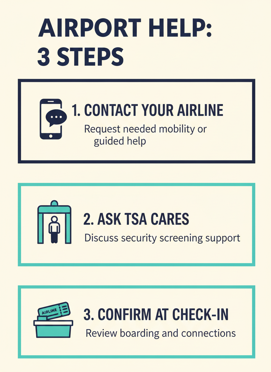 Airport help infographic: contact airline, TSA Cares, and confirm at check-in.