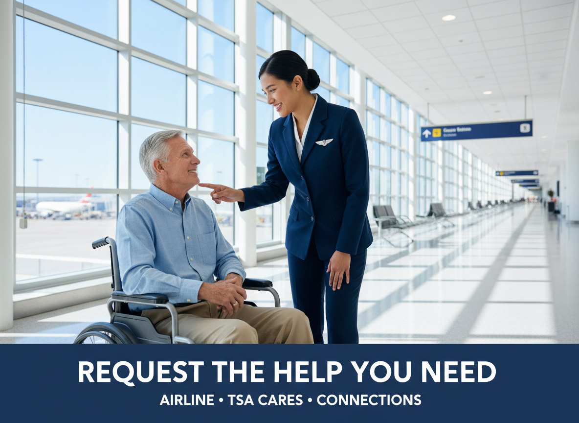 Airport assistance photo with words: request help; airline, TSA Cares, connections.