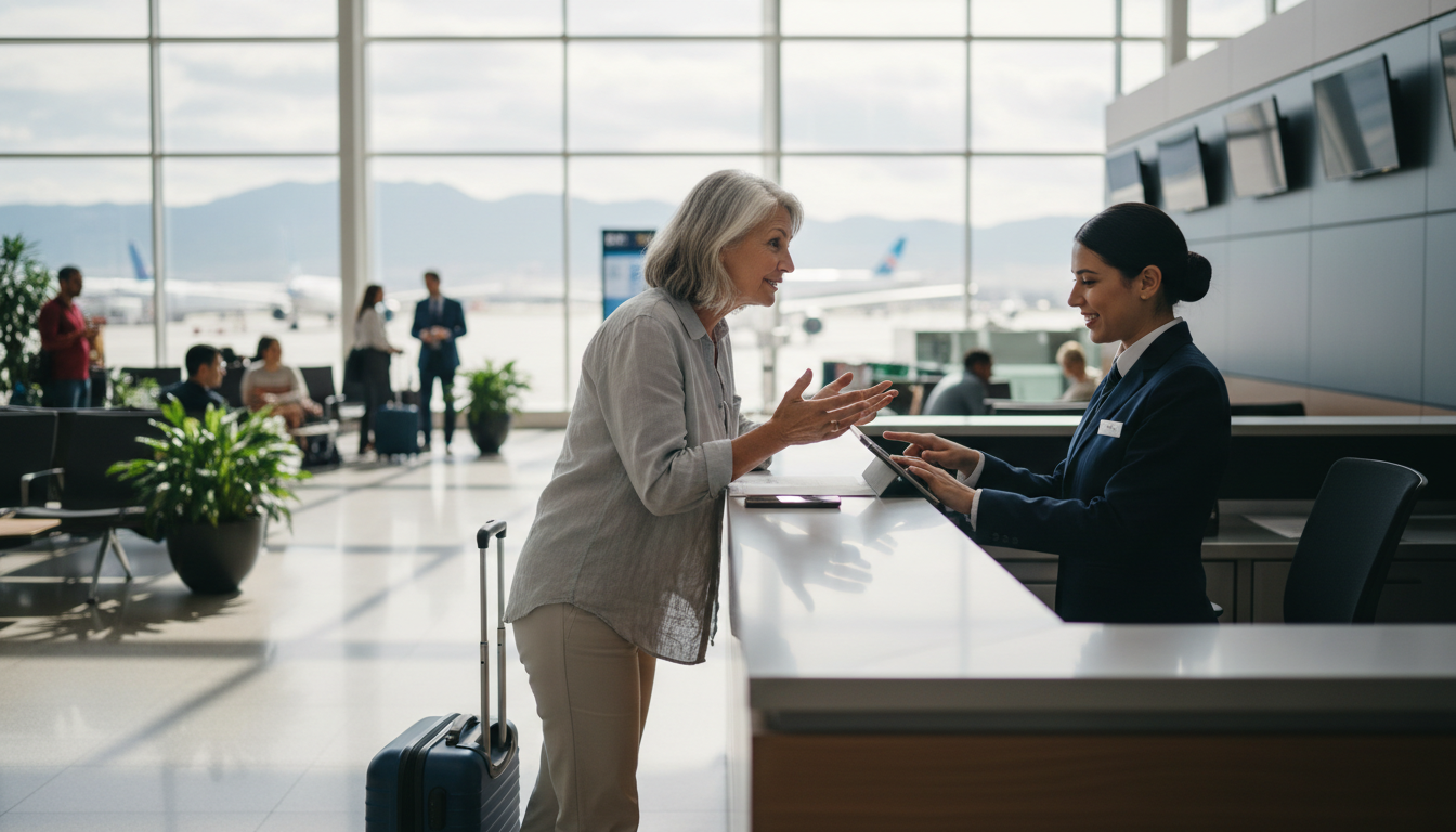 Mature passenger discussing rebooking options with an airport service agent.