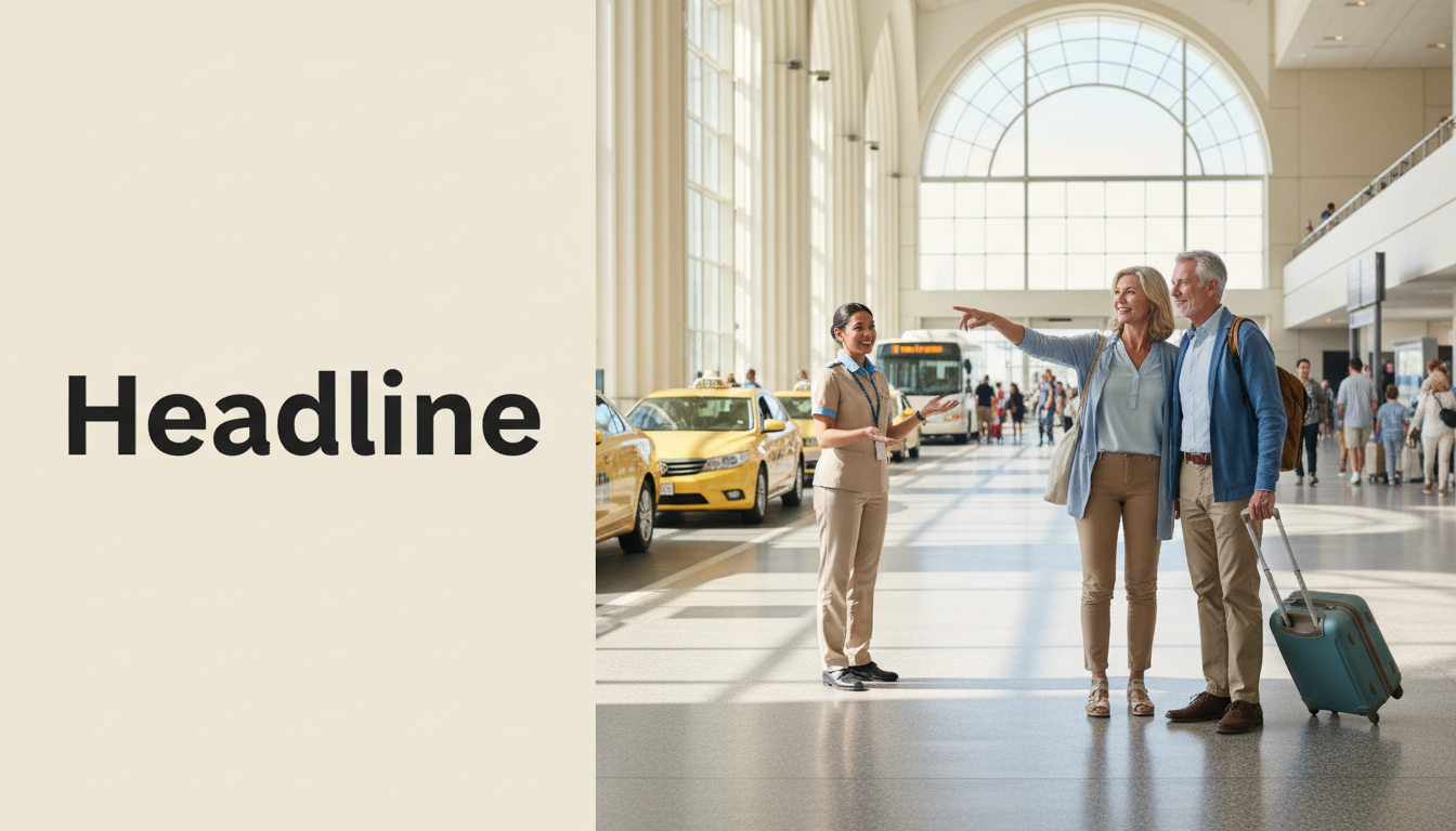 Mature travelers finding their official airport transportation pickup with luggage