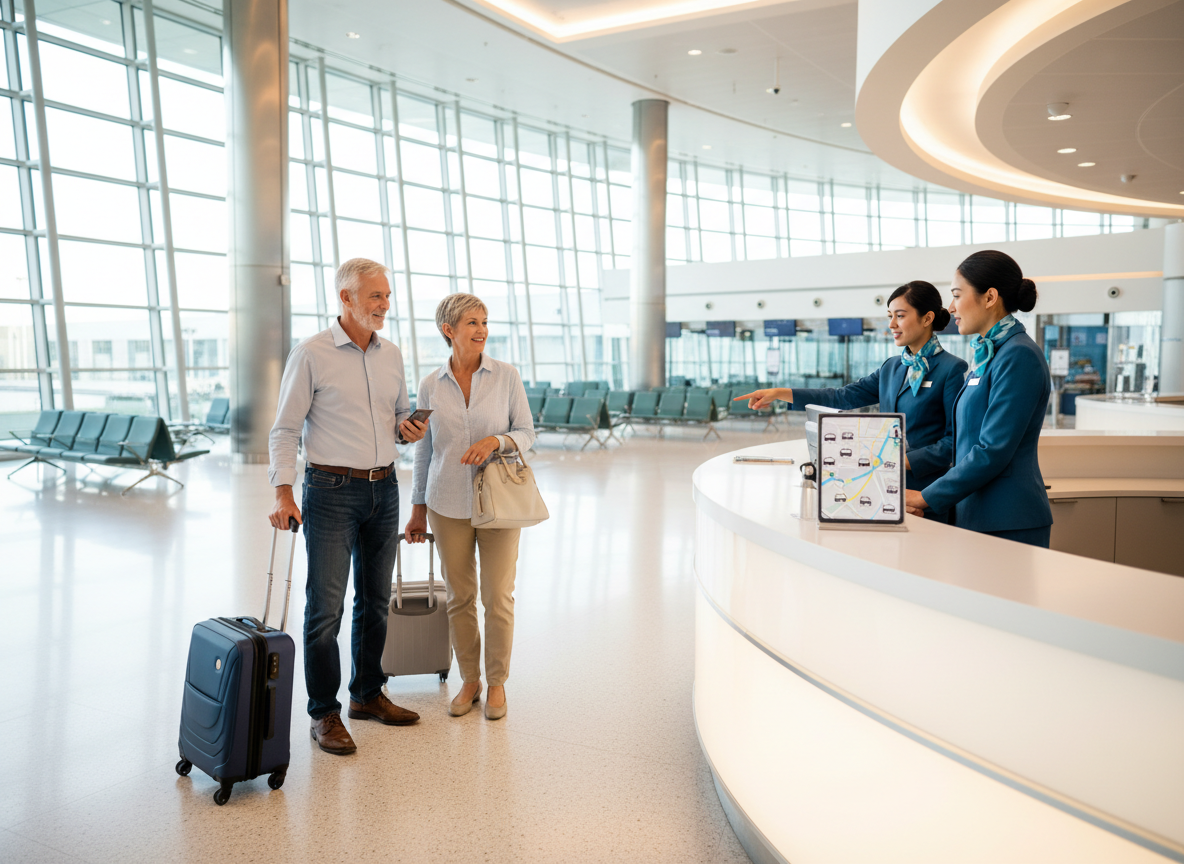 FIND THE OFFICIAL PICKUP ZONE. ARRIVAL TERMINAL · AUTHORIZED STOP · SUITCASE · VEHICLE.