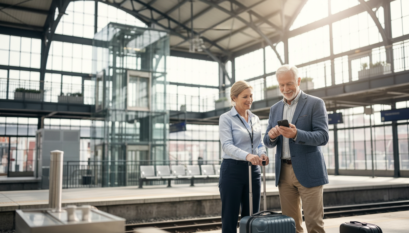 Mature passenger asking station employee about accessible boarding.