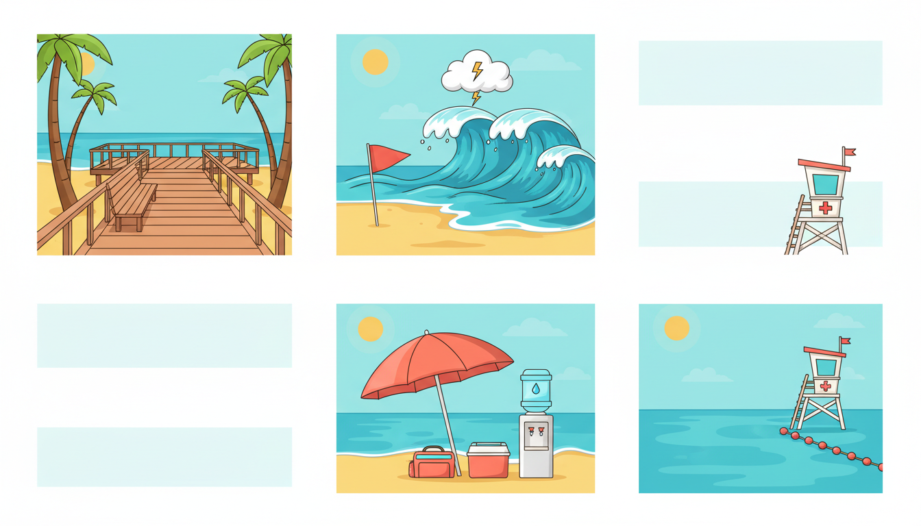 Four illustrated beach planning icons showing an access path, surf warnings, shade and lifeguard station.
