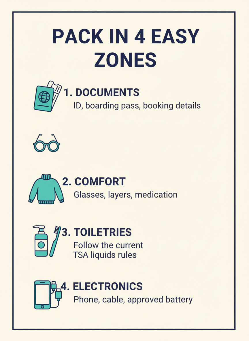 Carry-on packing infographic: documents, comfort, toiletries and electronics.