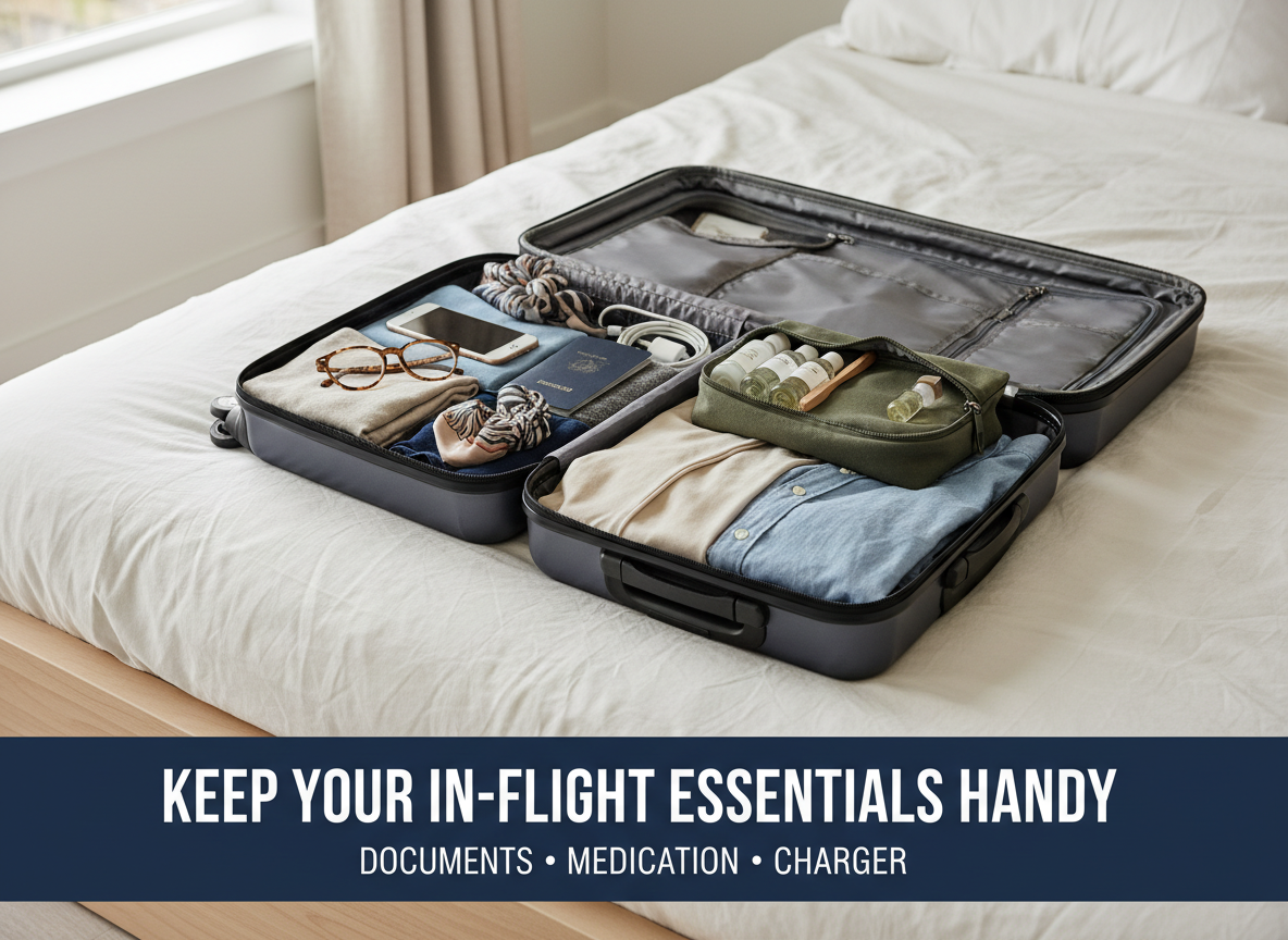 Carry-on packing photo: Keep in-flight essentials handy — documents, medication, charger.