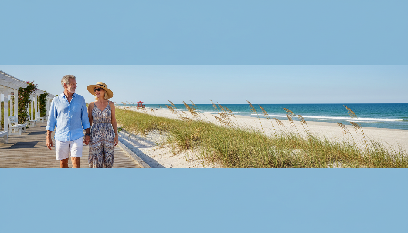 Happy mature travelers enjoying a sunny beach boardwalk with benches and an ocean view.