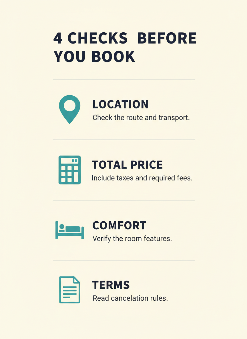 Hotel four-check infographic: location, total price, comfort, booking terms.