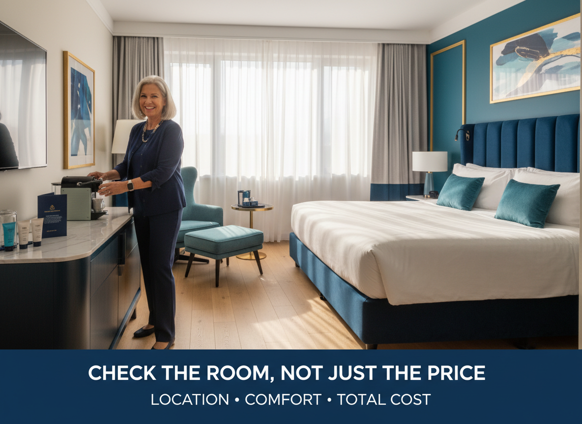 Hotel choice photo with text: Check the room, not just the price.