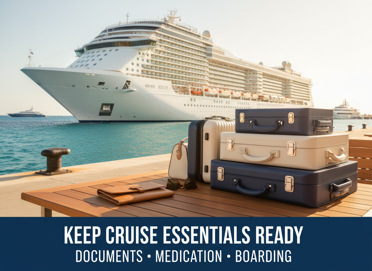 Cruise preparation photo with words: keep cruise essentials ready; documents, medication and boarding.