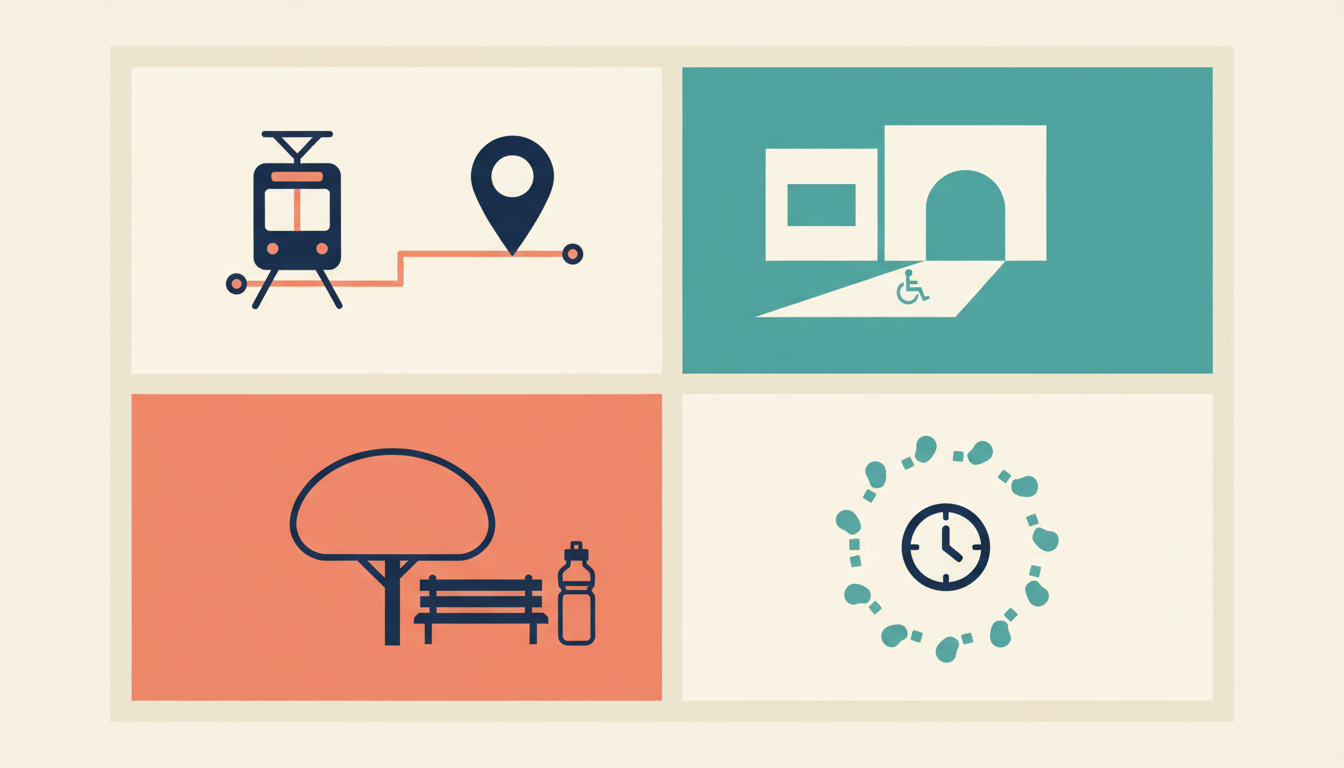 Four-part urban visit illustration with transit, museum, rest and simple route.
