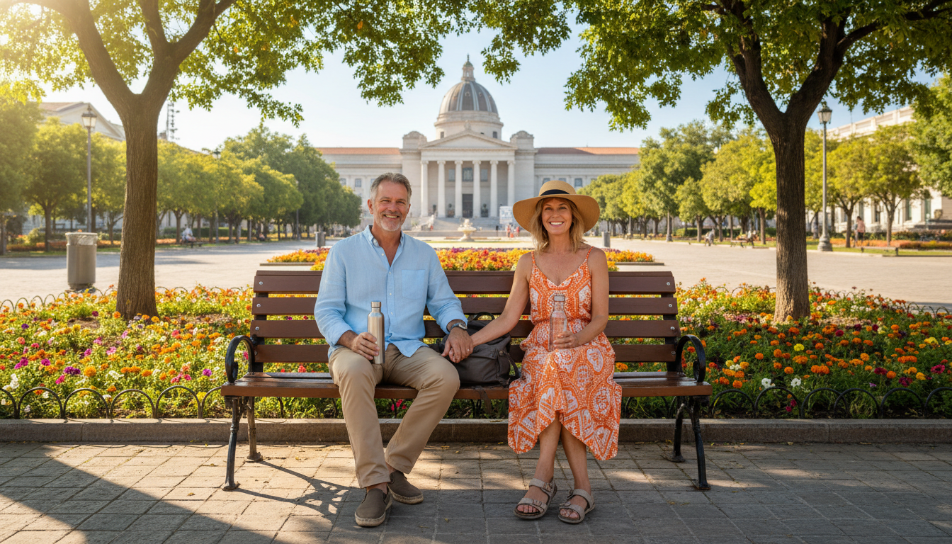 Older visitors relaxing on a bench by a broad city pedestrian route.