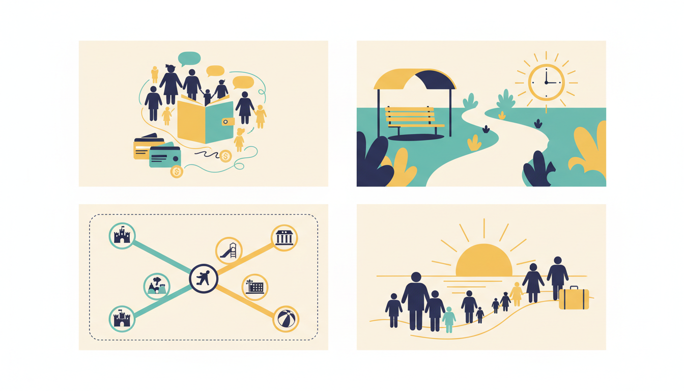 Illustrated family planning sequence with budget, shared activity and backup schedule.