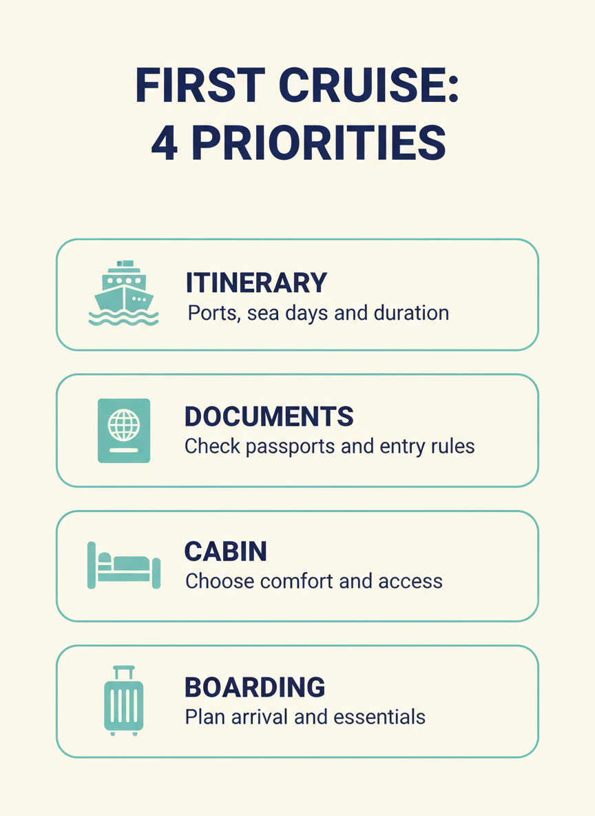 Cruise infographic: itinerary, documents, cabin and boarding.