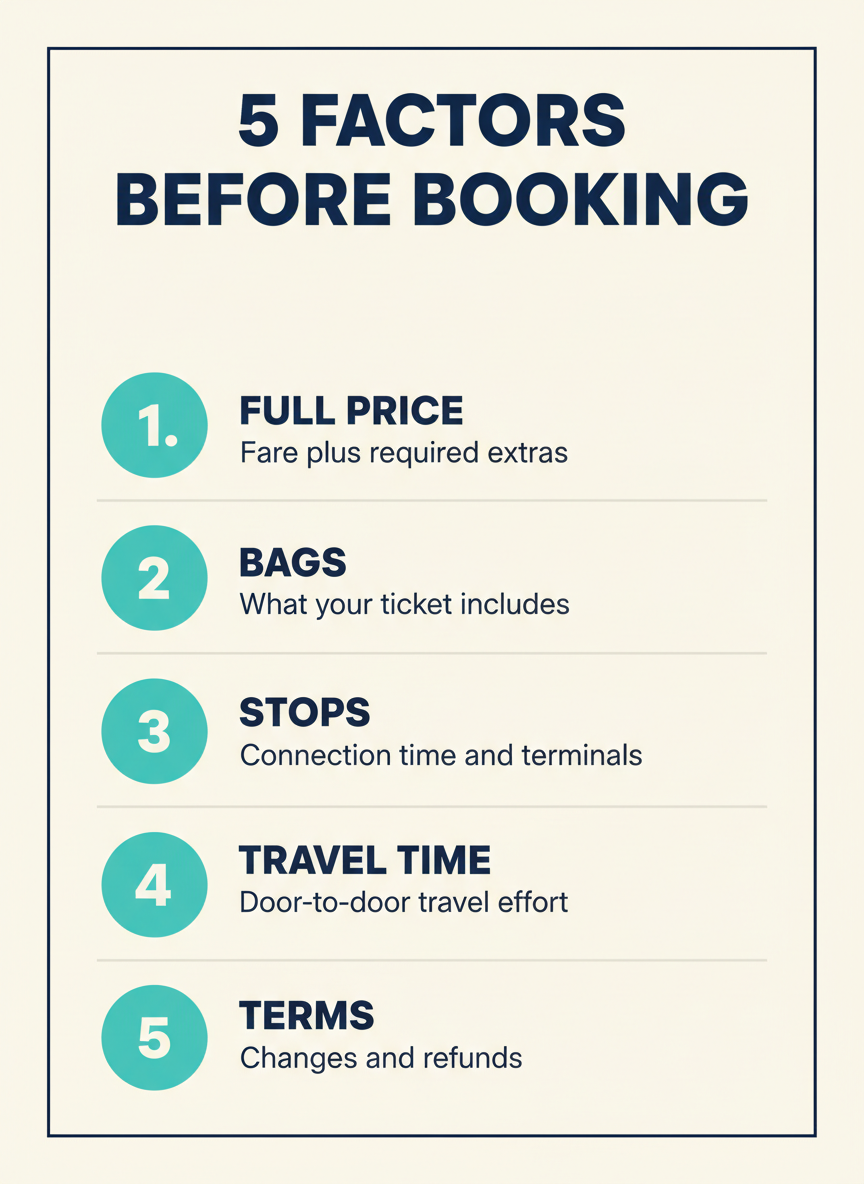 Five factors before booking: full price, bags, stops, travel time and terms.