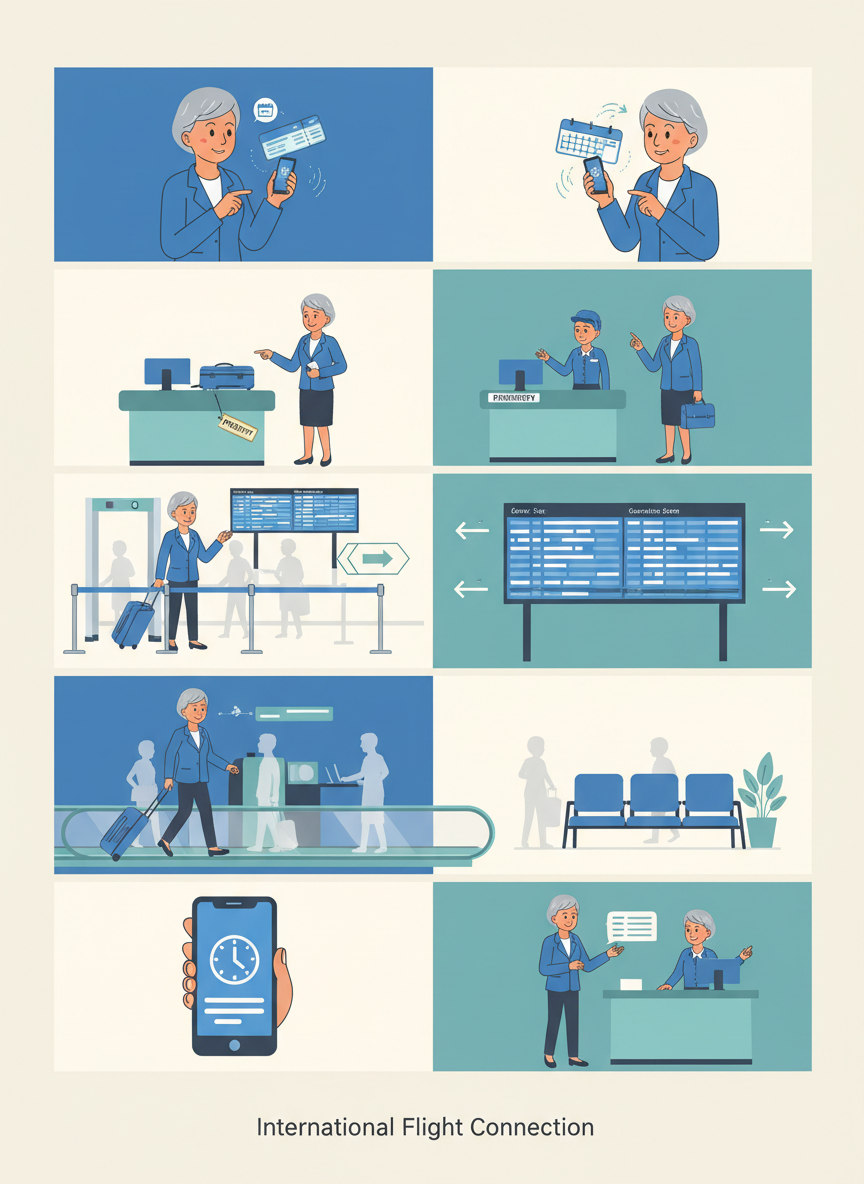 SIX CHECKS BEFORE A FLIGHT CONNECTION. ONE TICKET · AIRPORT · BAGS · SECURITY · DISTANCE · BACKUP.