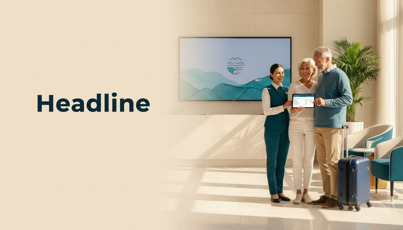 Mature travelers reviewing hotel costs at a light-filled reception desk
