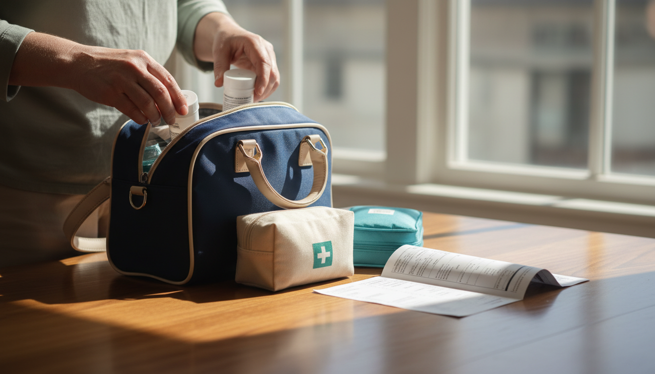 Traveler packing medications in original containers and temperature-controlled pouch into a small cabin bag.