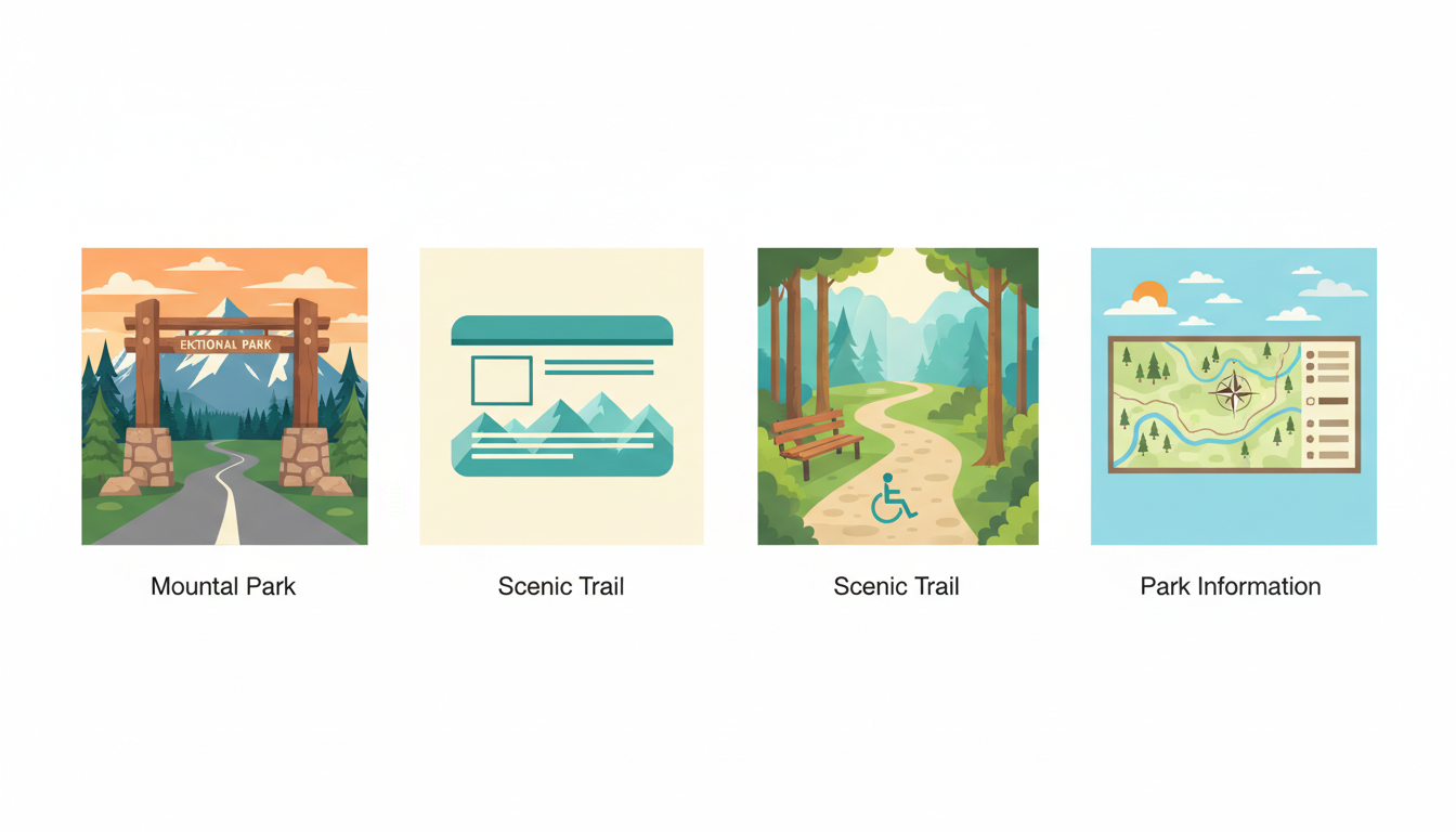 Illustrated park planning graphic with entrance, pass, accessible trail and weather icons.