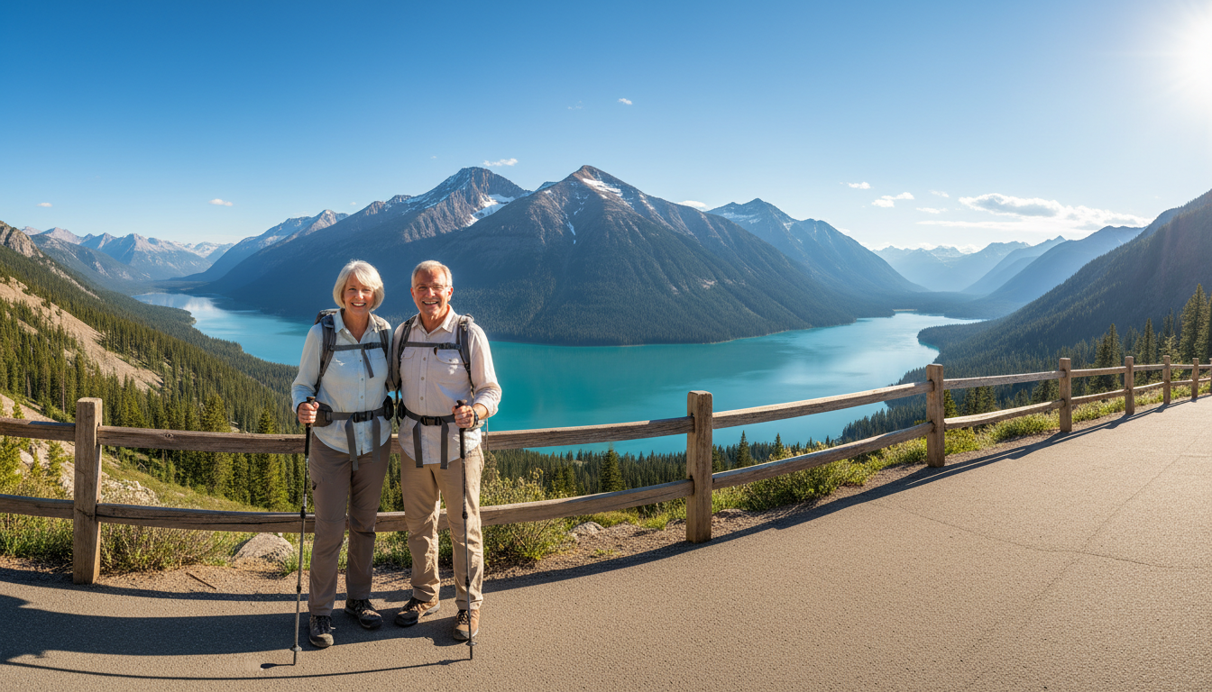 Mature travelers enjoying a scenic lake and mountain view from a wide gently graded accessible walkway.
