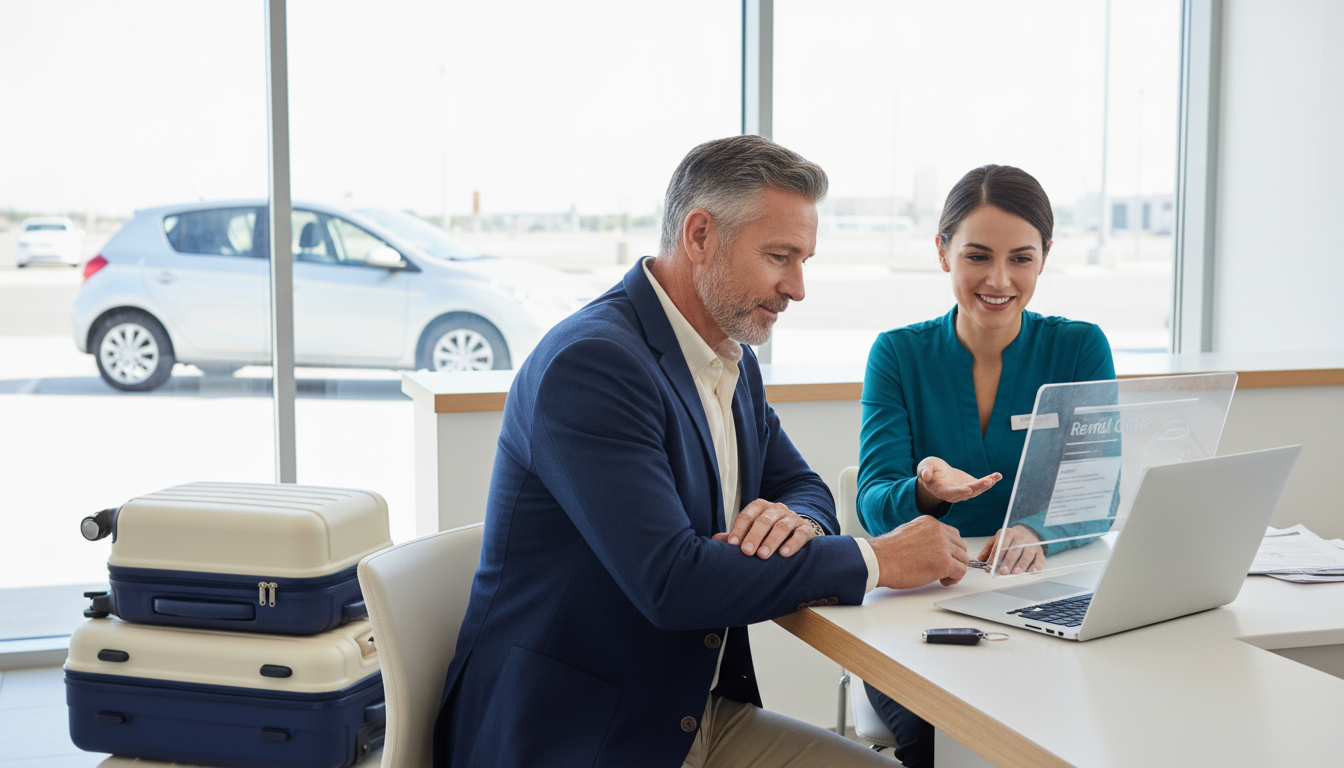 Mature traveler examining a car rental quotation at a counter.