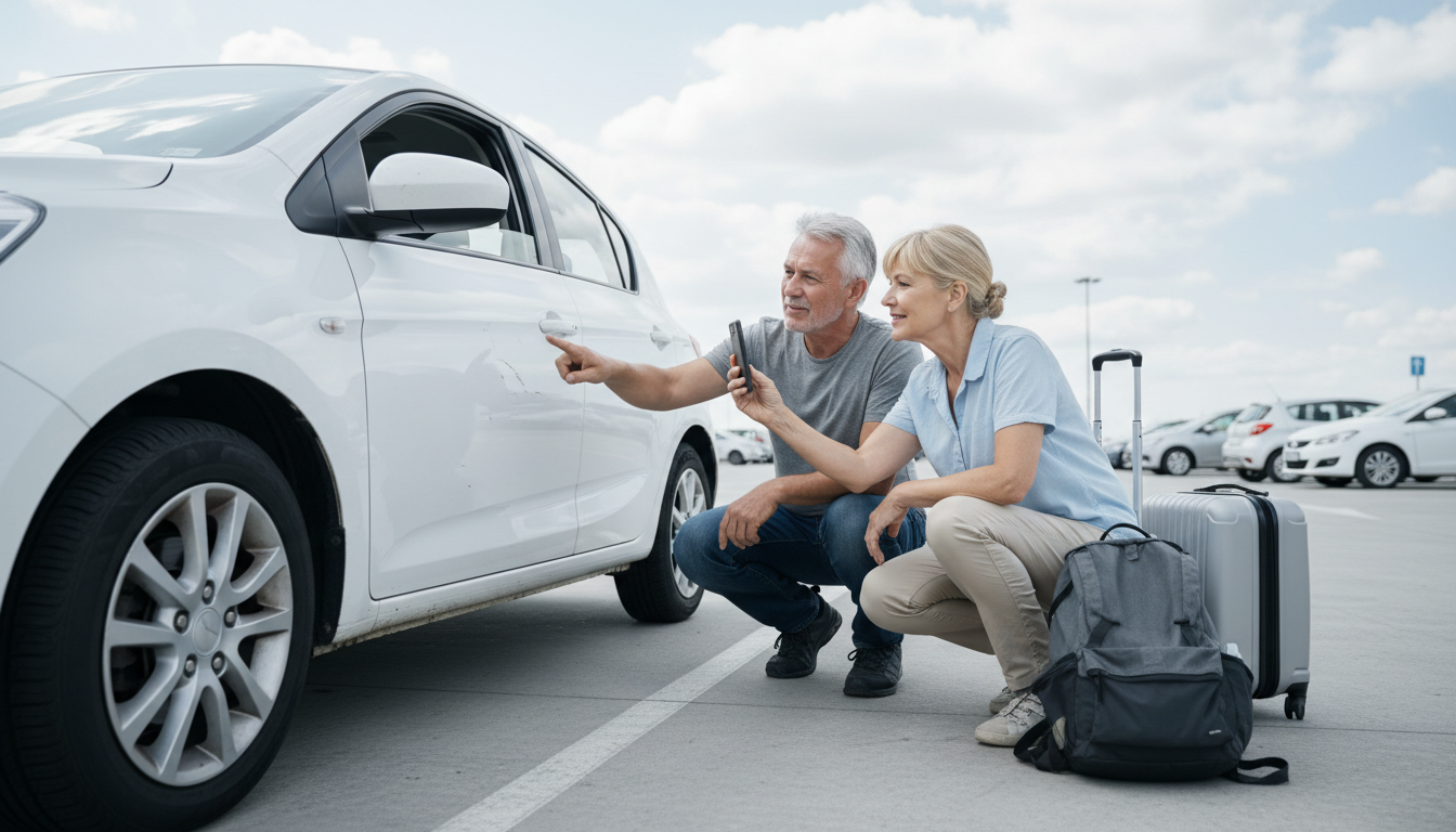 Older travelers photographing vehicle condition before leaving a rental car lot.