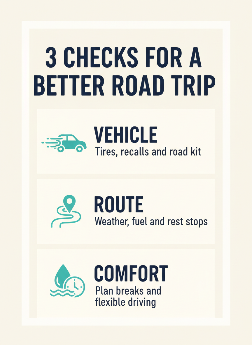 Three road trip checks for vehicle, route and comfort breaks.