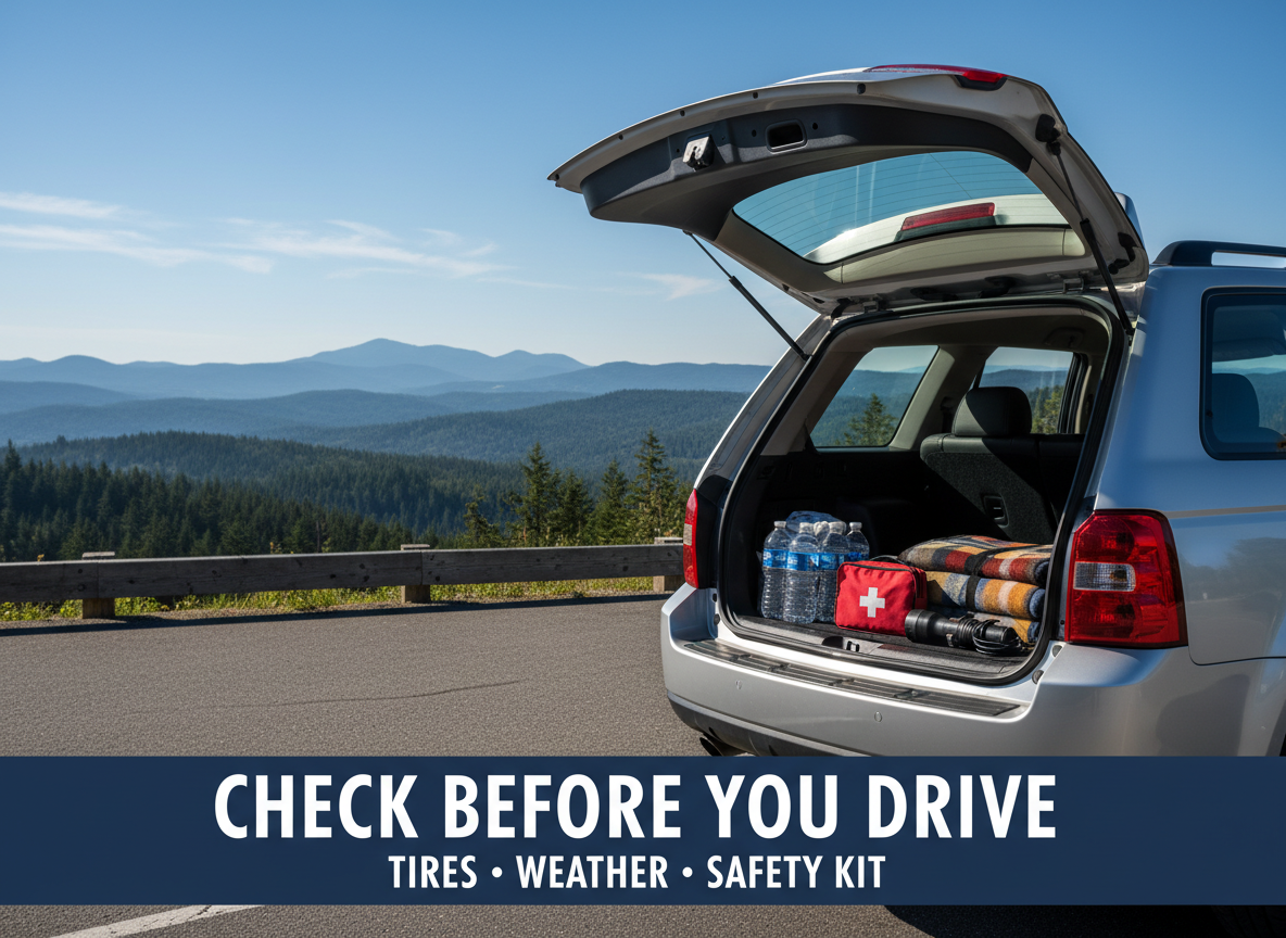 Road trip photo: check tires, weather and a roadside safety kit before you drive.