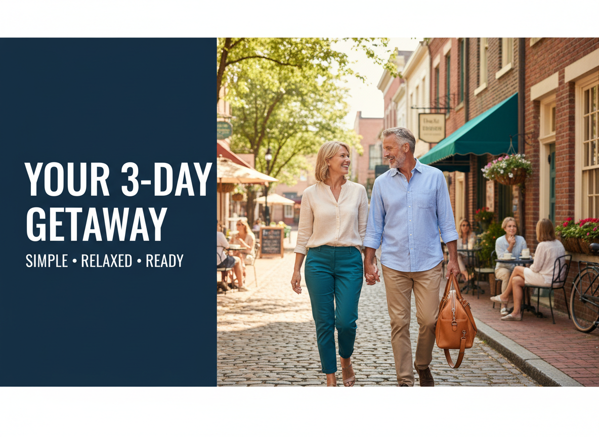 Three-day weekend guide thumbnail with headline YOUR 3-DAY GETAWAY and a bright small-town street.