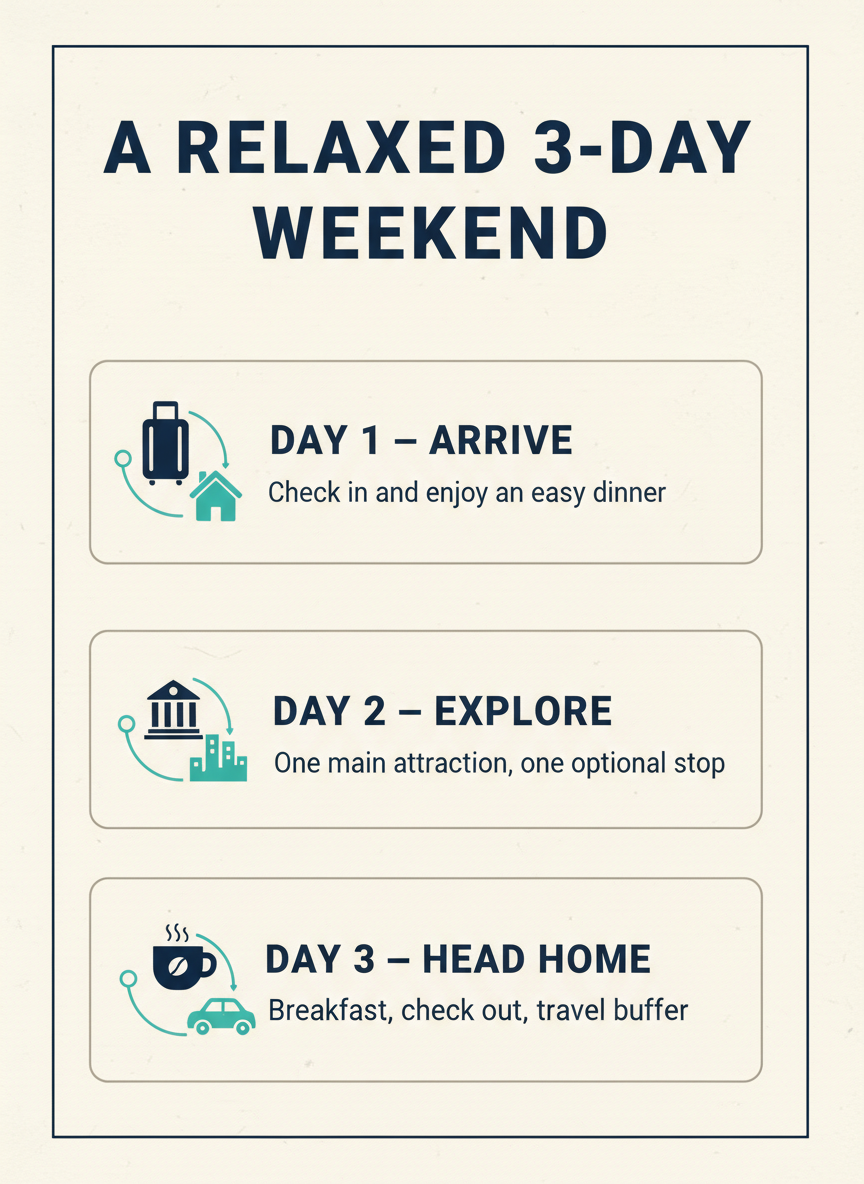 Three-day weekend infographic: arrive, explore, and head home.
