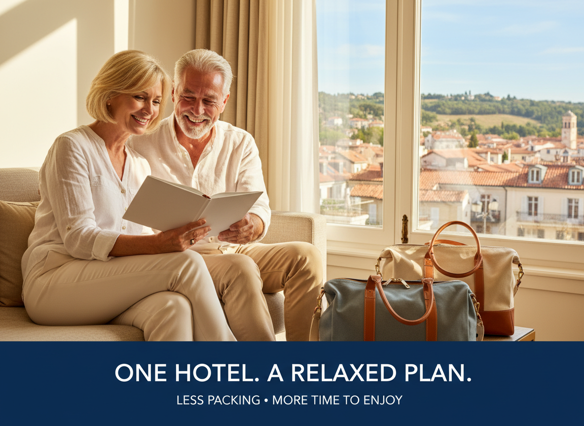 Weekend getaway photo with words: one hotel, a relaxed plan, less packing and more time.
