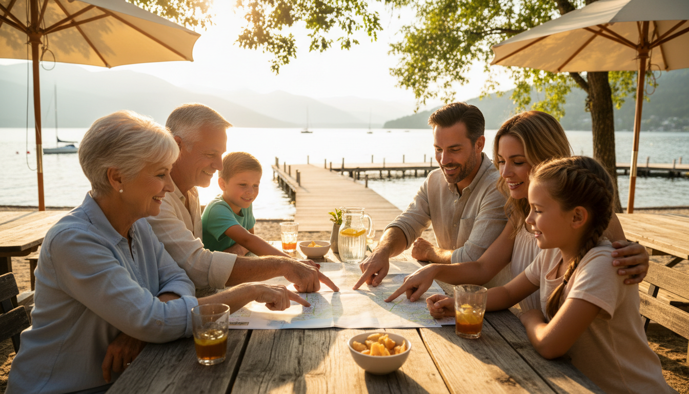 Family members of several generations planning an activity together on vacation.