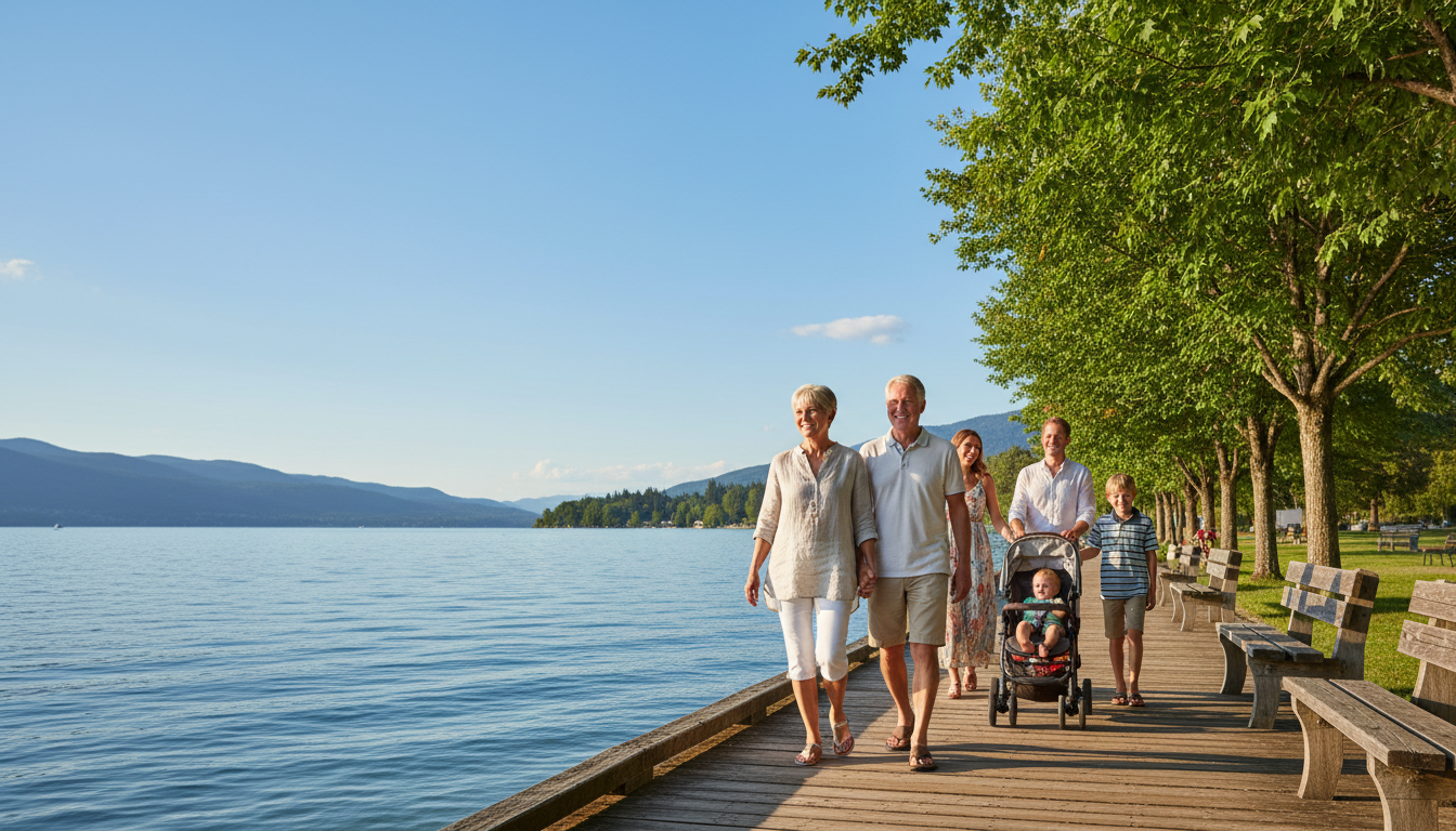 Grandparents, parents and children enjoying a relaxed sunny lakeside vacation together.