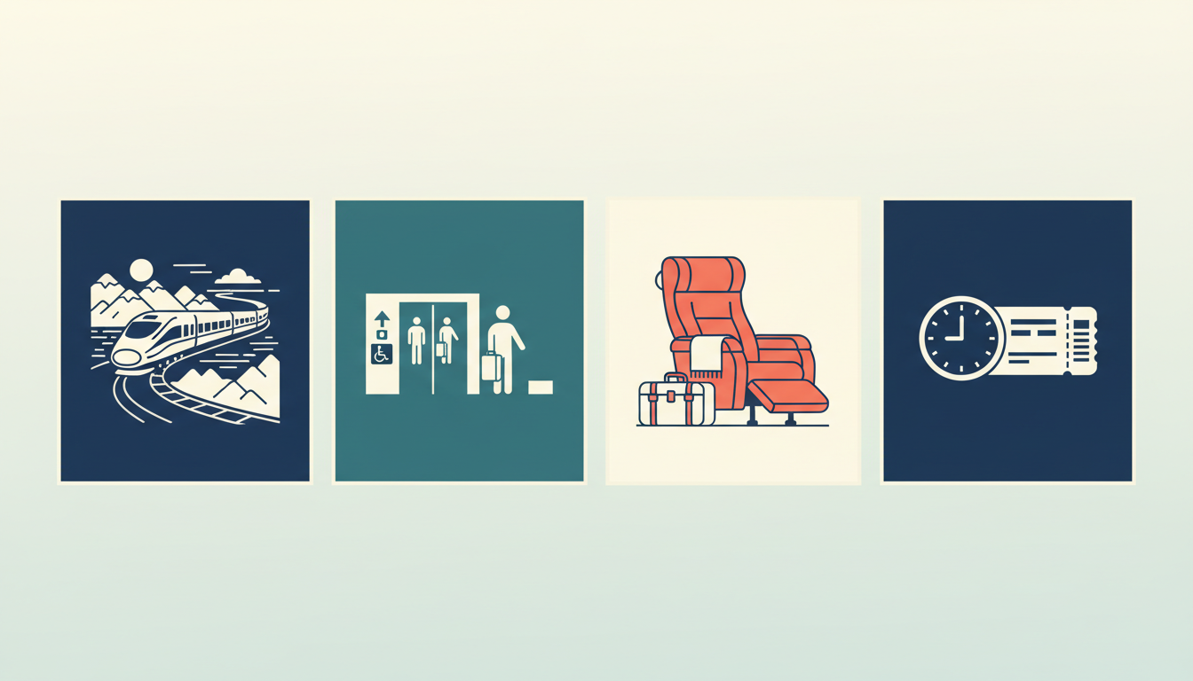 Four illustrations for train route, station, seat and boarding.