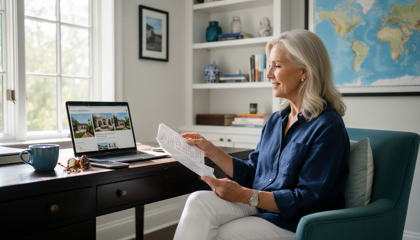A mature traveler checking a vacation rental listing against an itinerary.