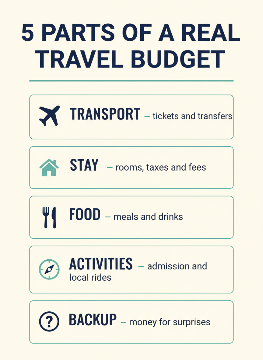 Five travel budget categories: transport, stay, food, activities and backup fund.