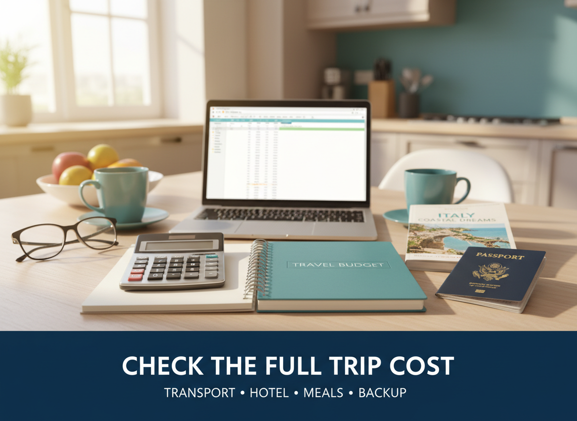 Photo explanation: check the full trip cost including transport, hotels, meals and contingency.