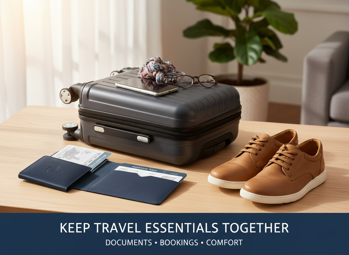 Travel preparation photo: KEEP TRAVEL ESSENTIALS TOGETHER — documents, bookings, comfort.