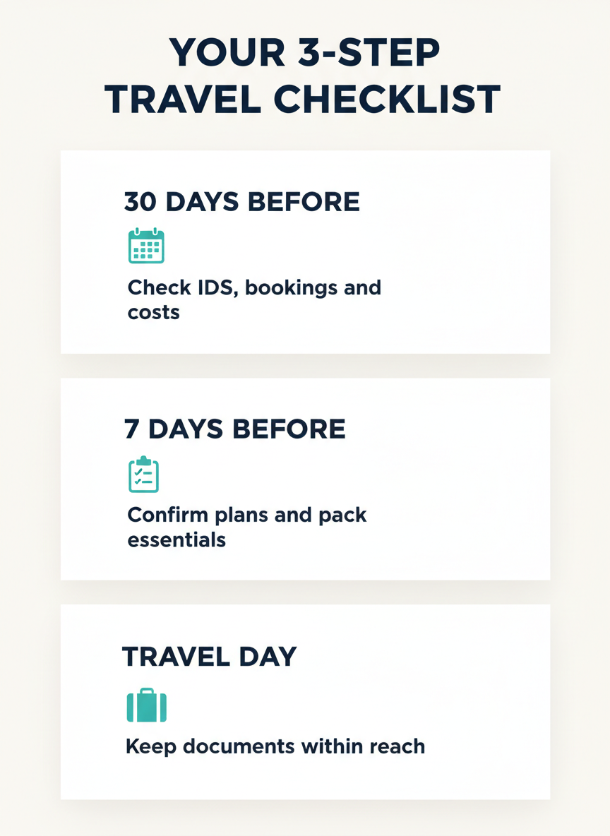Three-step travel checklist: 30 days before, 7 days before, travel day.