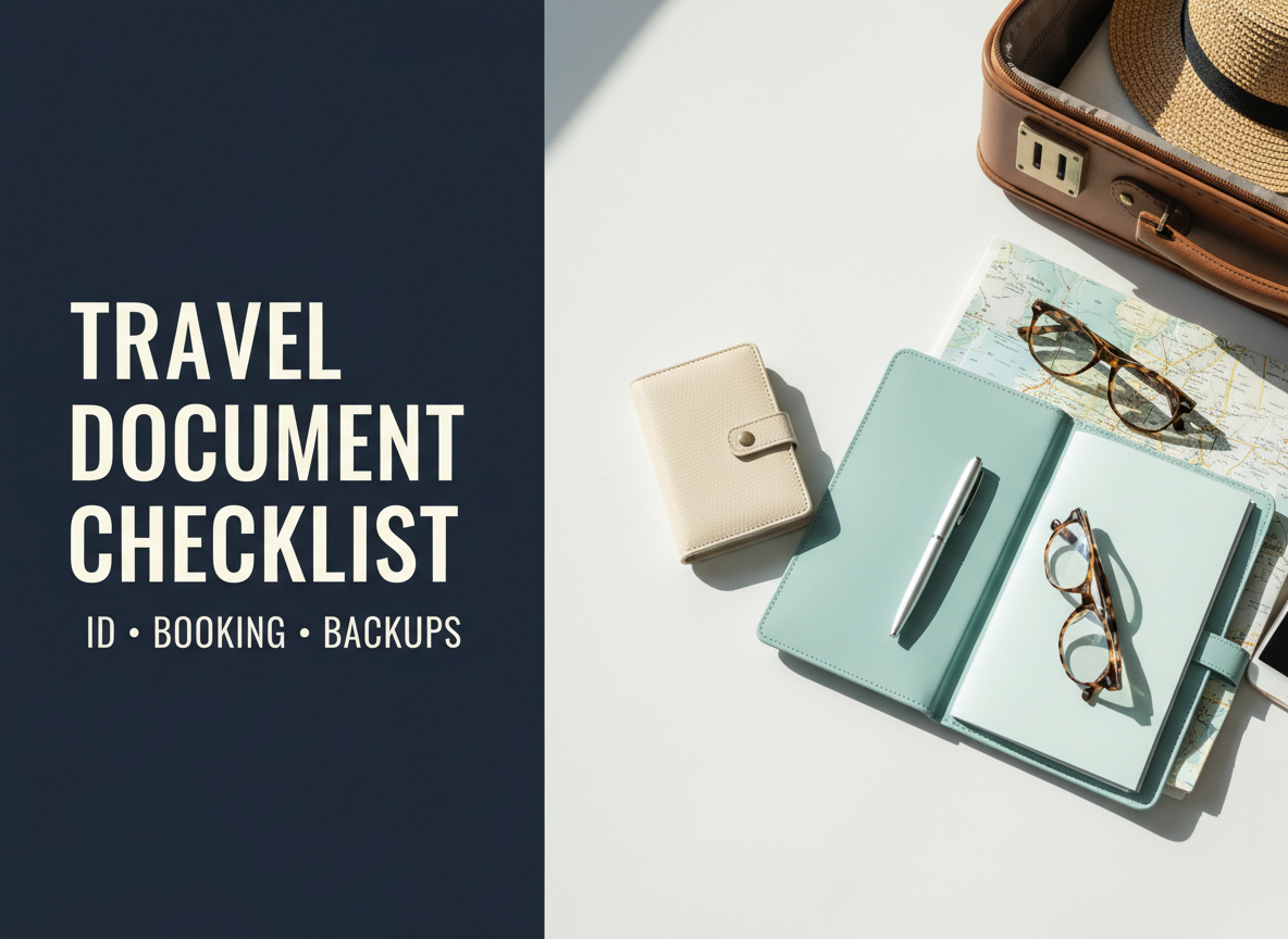 Travel document guide thumbnail with title TRAVEL DOCUMENT CHECKLIST and organized travel papers.