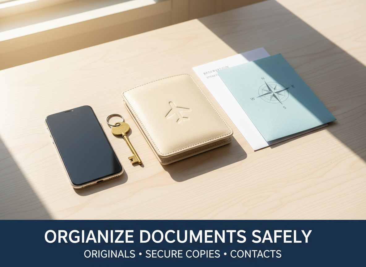 Travel document photo with words: organize documents safely, originals, copies and contacts.
