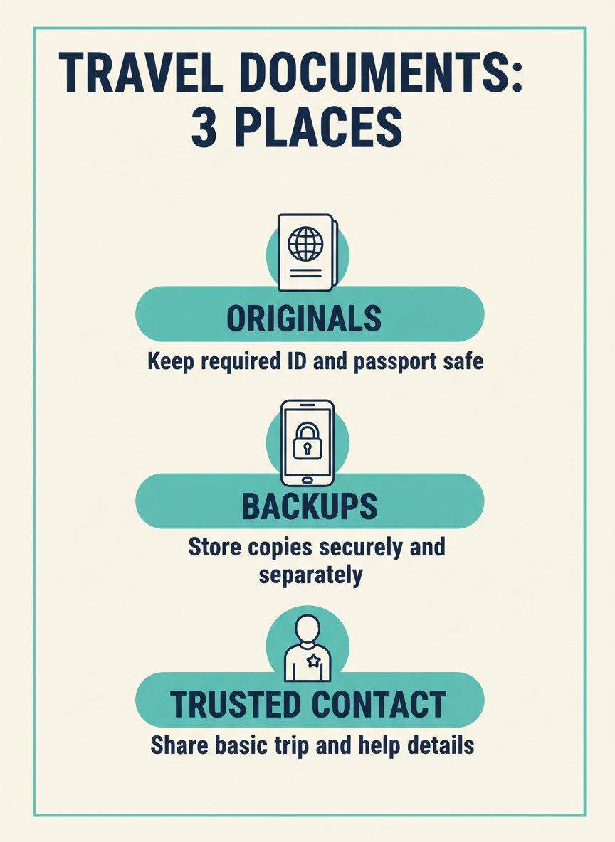 Travel documents infographic: originals, secure backups and trusted contact.