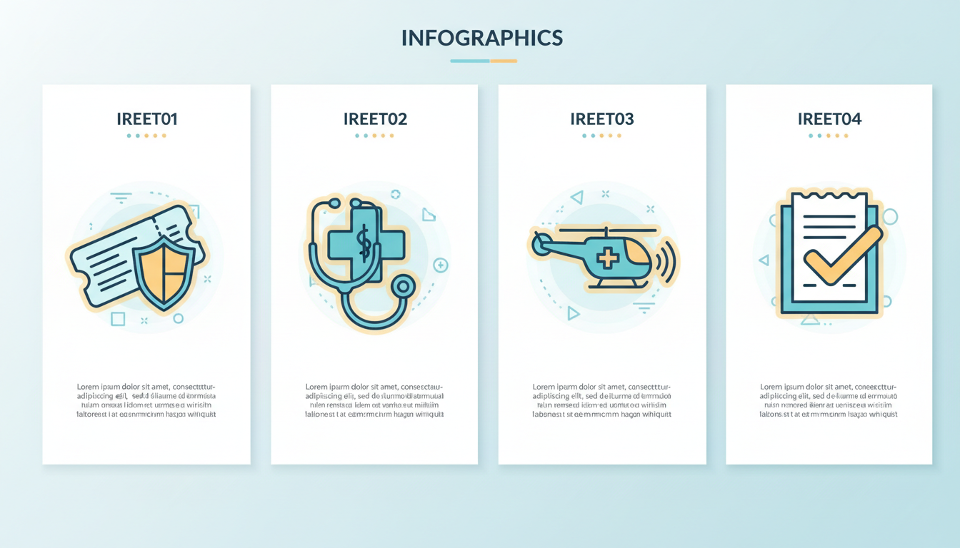 Four travel insurance illustration icons for cancellation, medical bills, evacuation and claims paperwork.