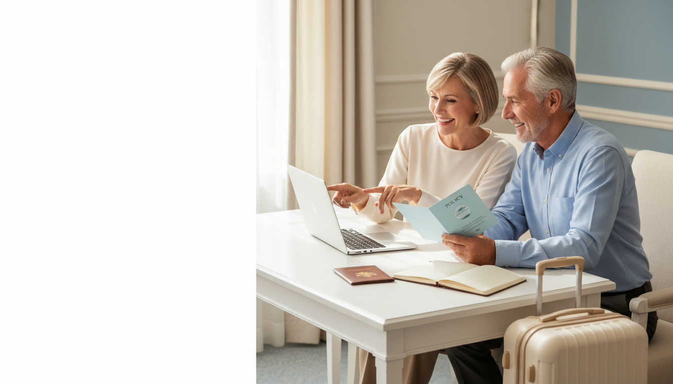 Mature travelers checking travel insurance details and booking paperwork together at home.