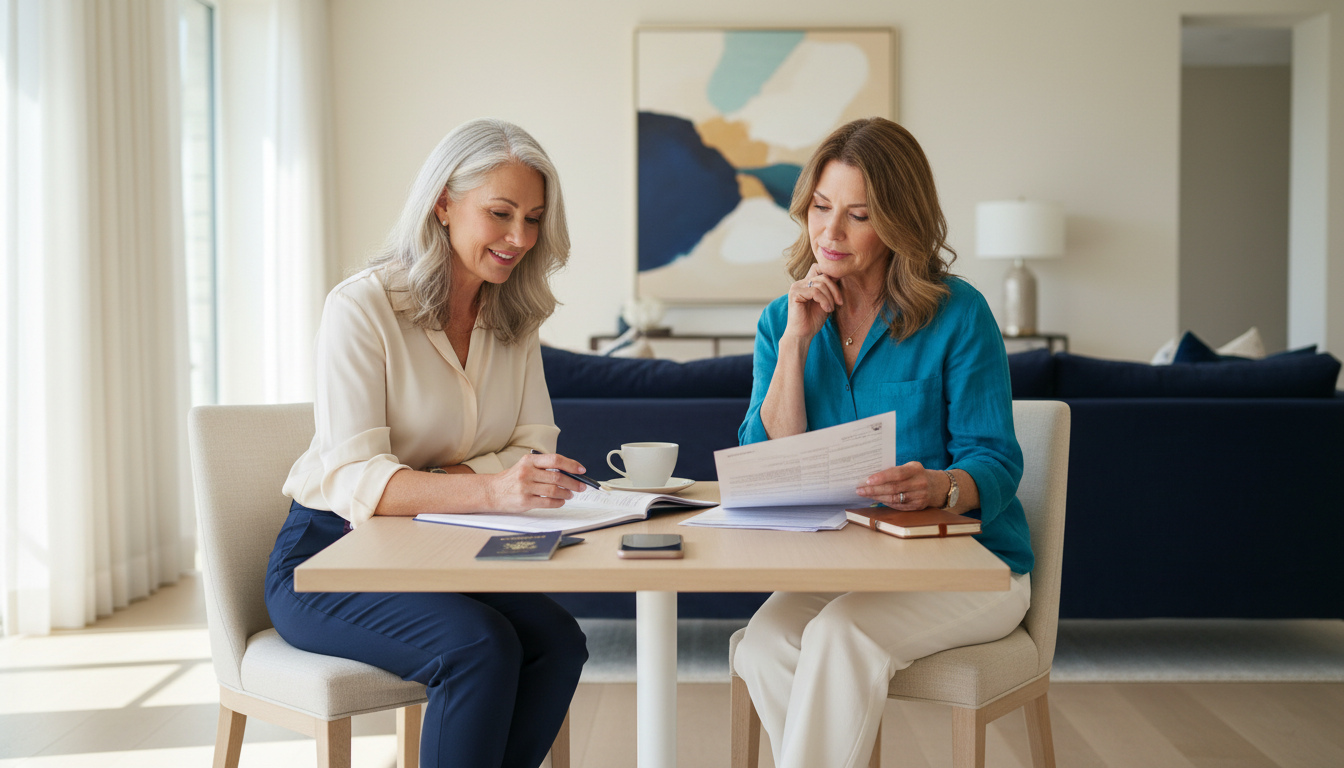 Mature travelers comparing policy terms at a bright desk before purchasing trip insurance.