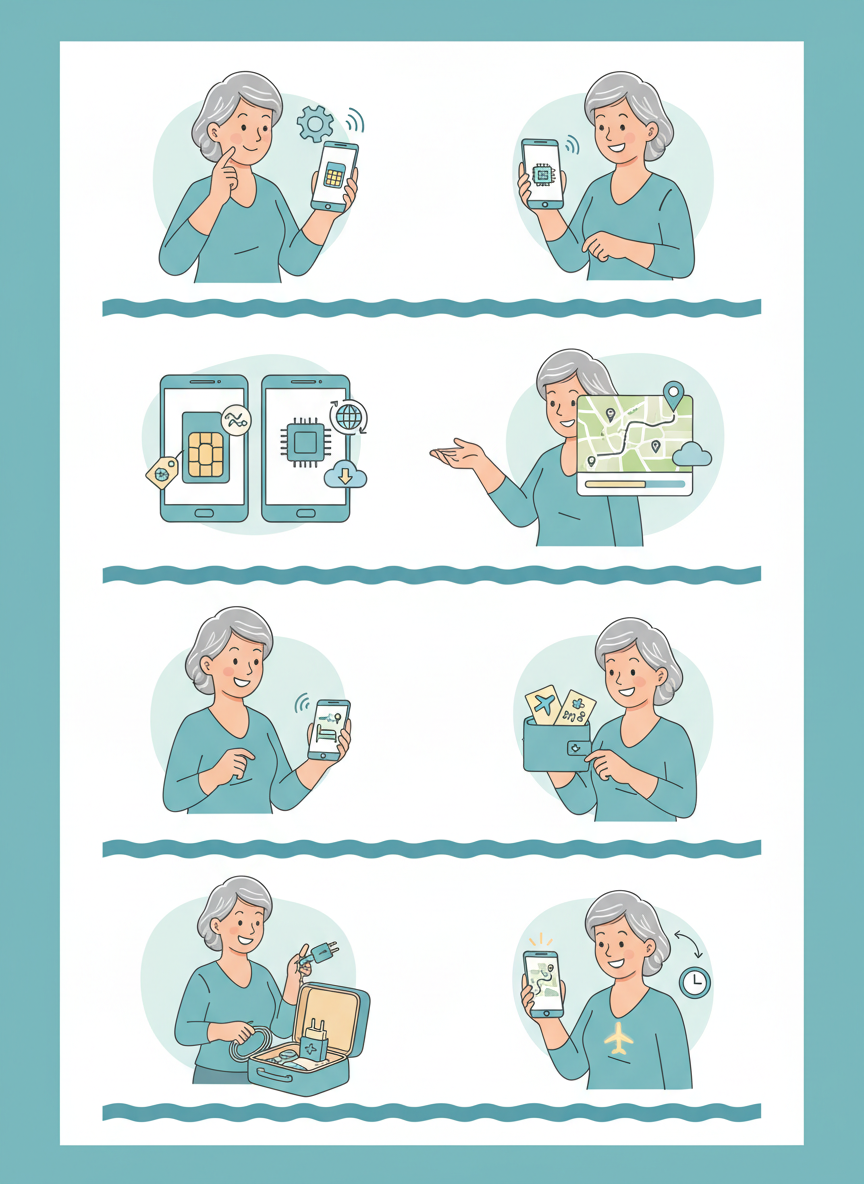 SIX PHONE CHECKS BEFORE YOUR TRIP. COMPATIBILITY · PLAN · MAP · CONTACTS · POWER · TEST.