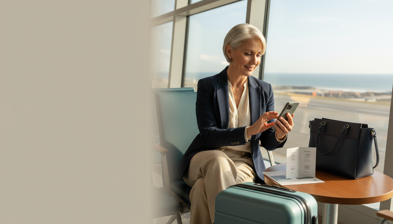 Confident mature woman preparing her phone for international travel