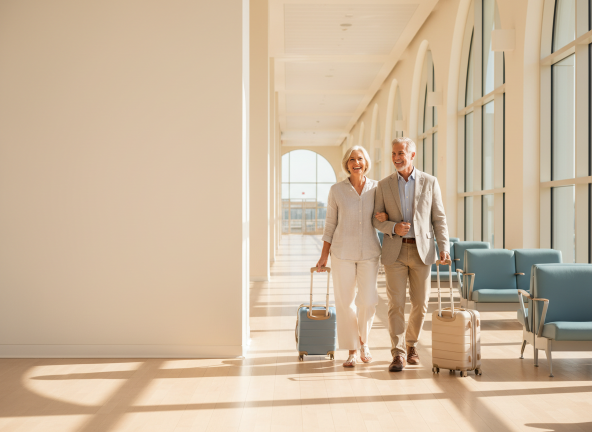 Mature travelers with carry-on luggage in a bright airport