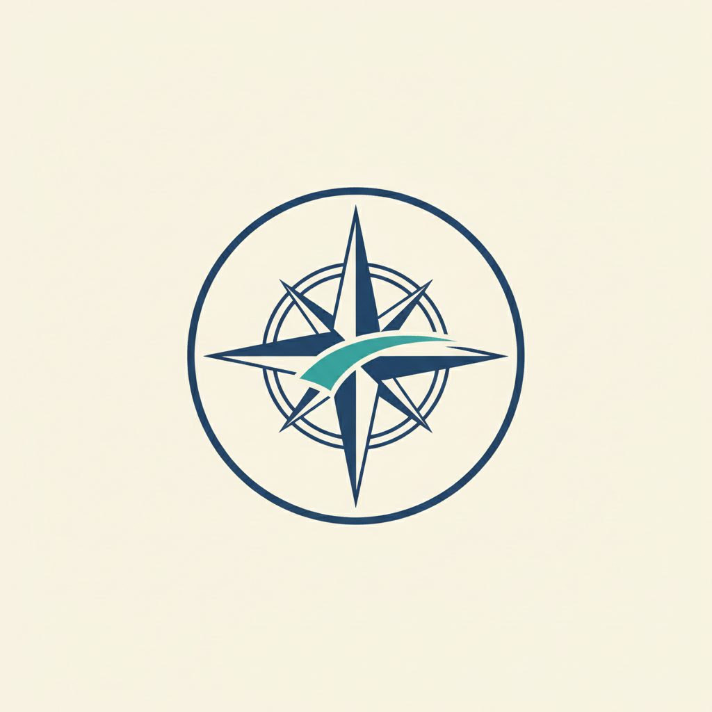 Travel Ready After 50 travel brand icon showing a navy compass and a teal path on ivory.
